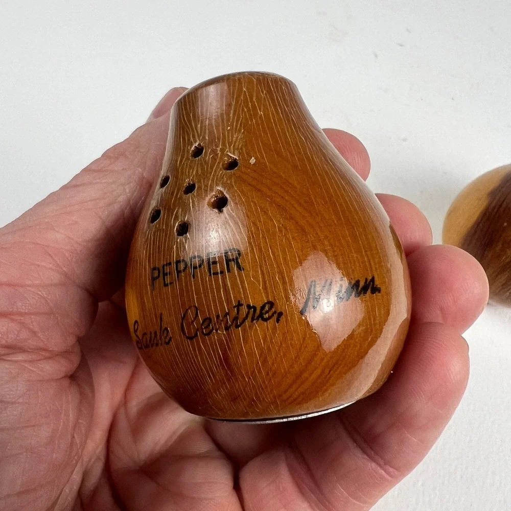 VTG Wooden Salt and Pepper Shakers Brown Wood Sauk Centre MN Souvenir